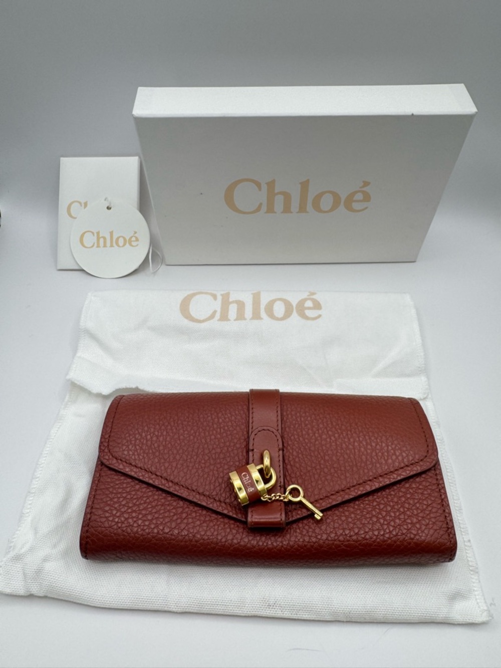 Chloe Aby Lock Long Wallet Sepia Brown GHW Box Tags Dustbag Calfskin